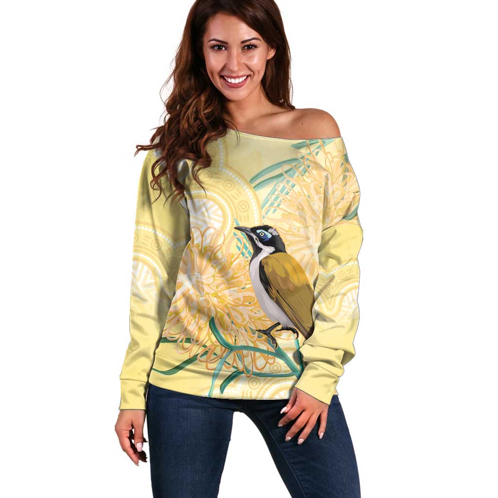 Australia Grevillea And Honeyeaters Off Shoulder Sweater Aboriginal Art - Watercolor Style