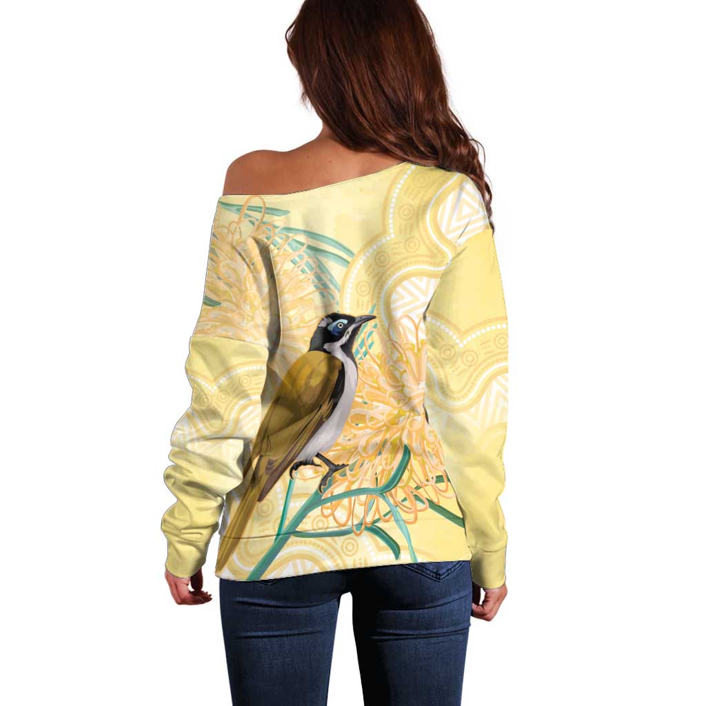 Australia Grevillea And Honeyeaters Off Shoulder Sweater Aboriginal Art - Watercolor Style