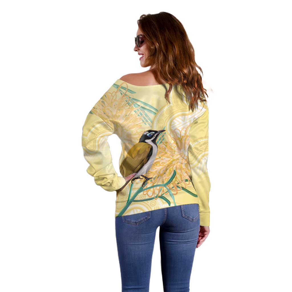 Australia Grevillea And Honeyeaters Off Shoulder Sweater Aboriginal Art - Watercolor Style