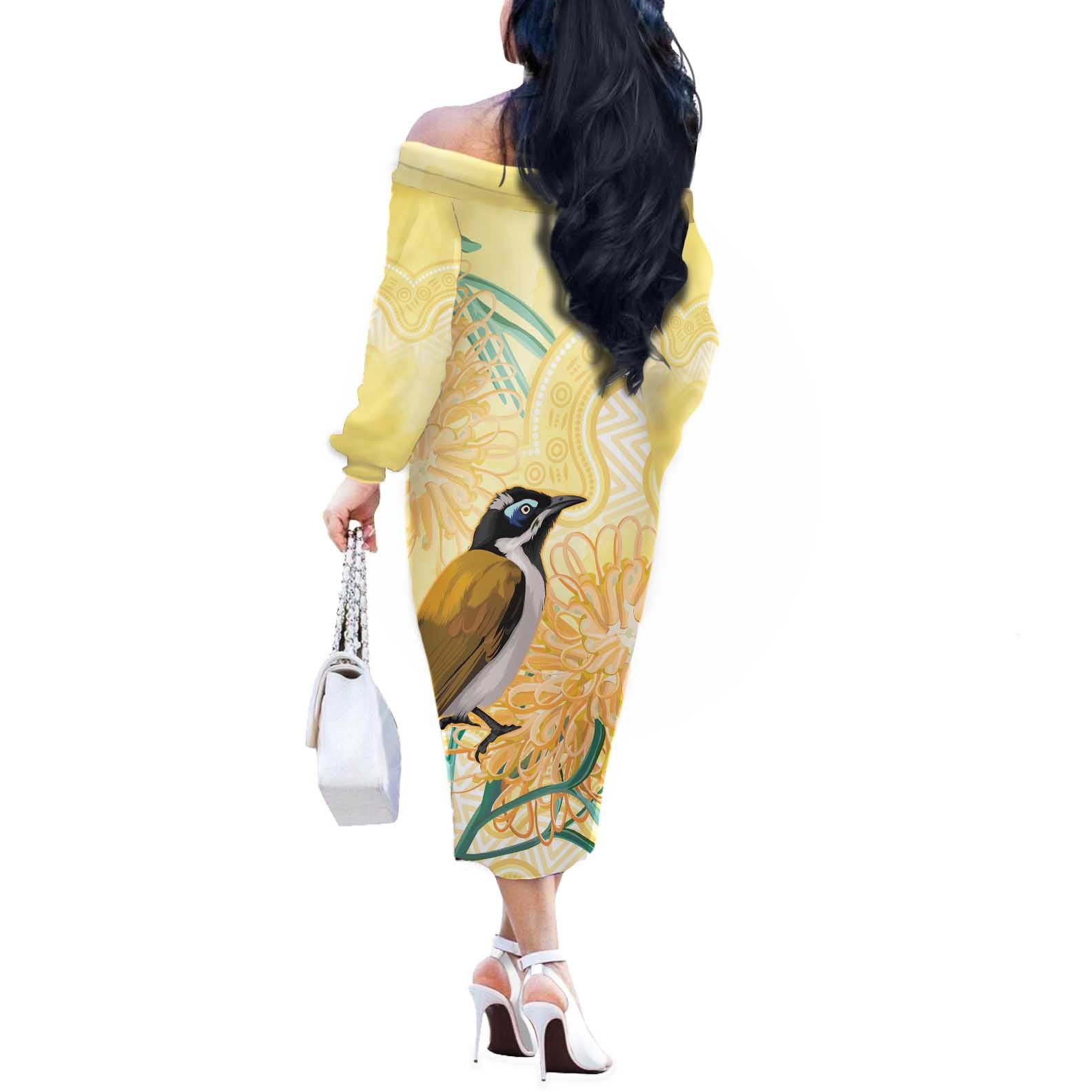 Australia Grevillea And Honeyeaters Off The Shoulder Long Sleeve Dress Aboriginal Art - Watercolor Style