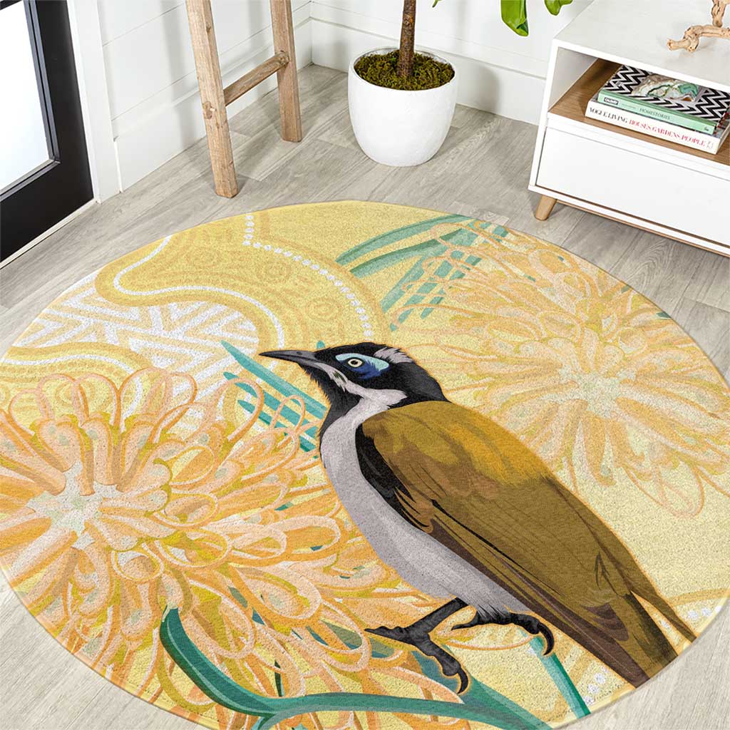 Australia Grevillea And Honeyeaters Round Carpet Aboriginal Art - Watercolor Style