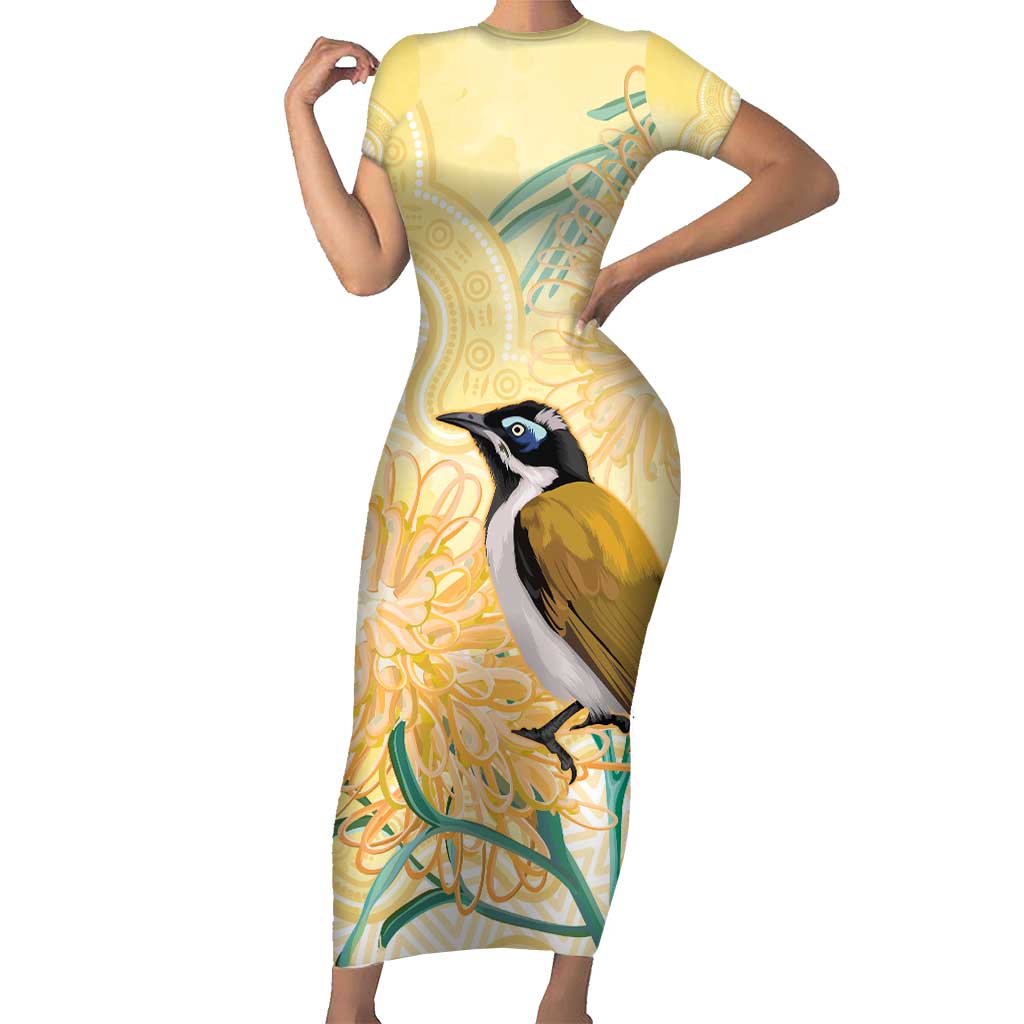 Australia Grevillea And Honeyeaters Short Sleeve Bodycon Dress Aboriginal Art - Watercolor Style