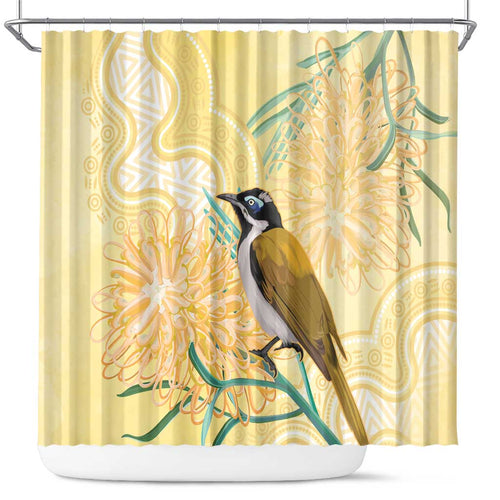 Australia Grevillea And Honeyeaters Shower Curtain Aboriginal Art - Watercolor Style