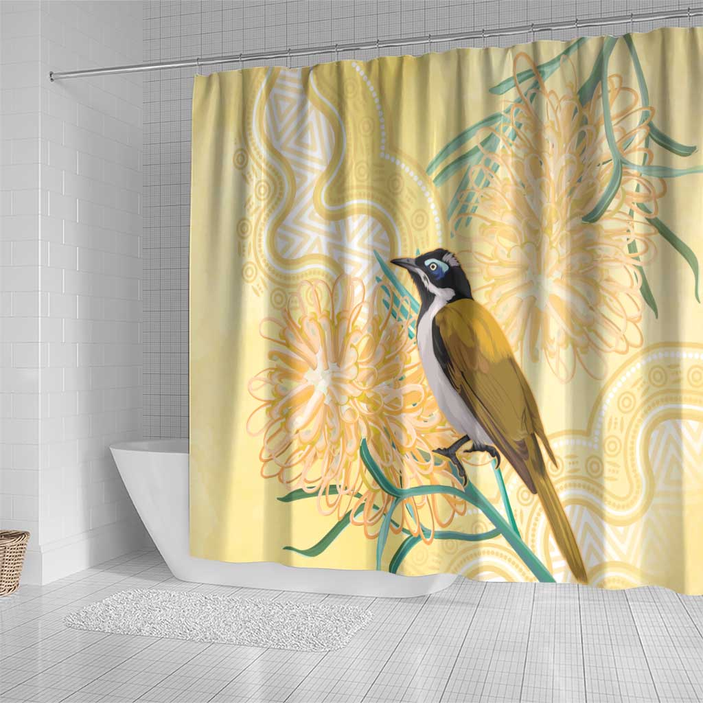 Australia Grevillea And Honeyeaters Shower Curtain Aboriginal Art - Watercolor Style
