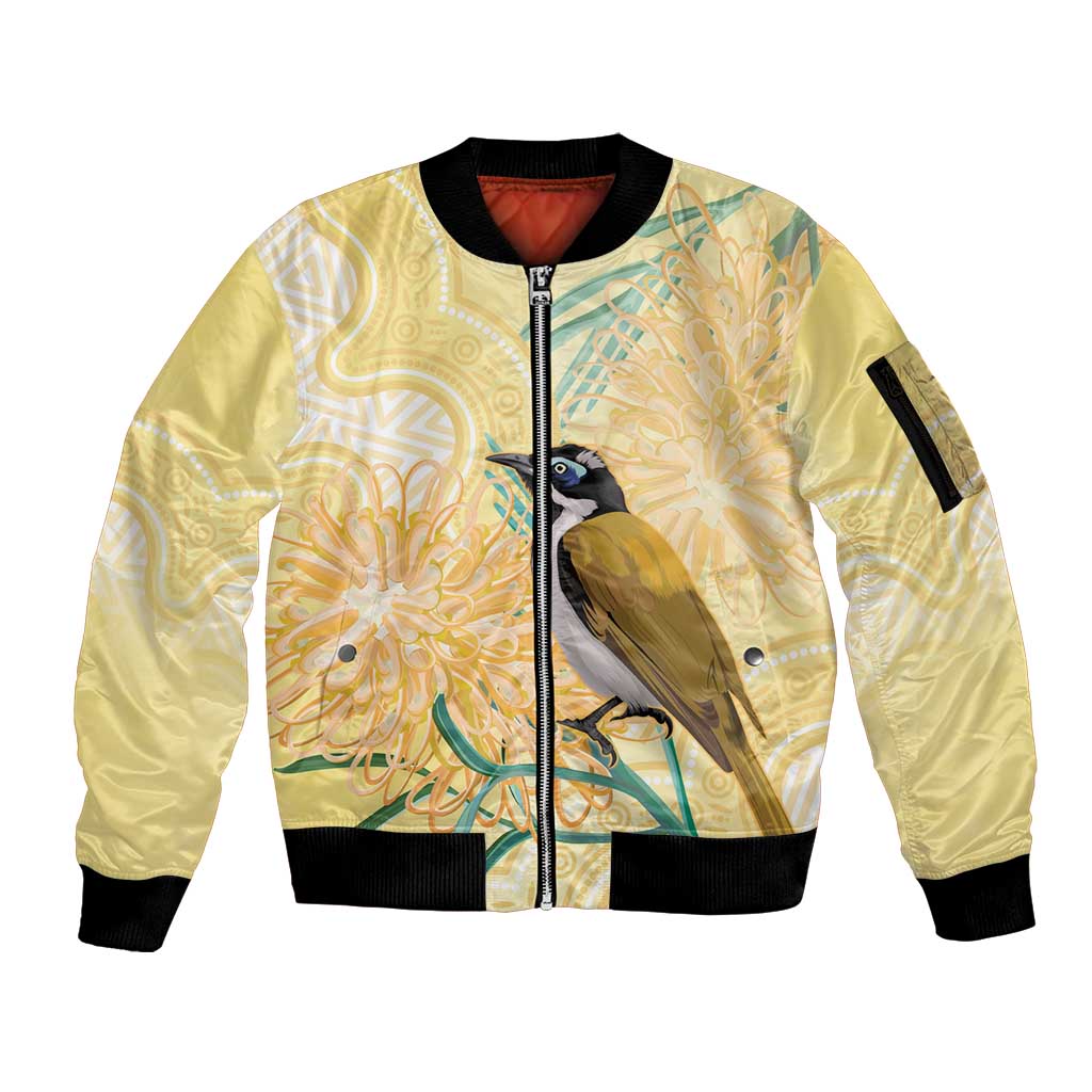 Australia Grevillea And Honeyeaters Sleeve Zip Bomber Jacket Aboriginal Art - Watercolor Style