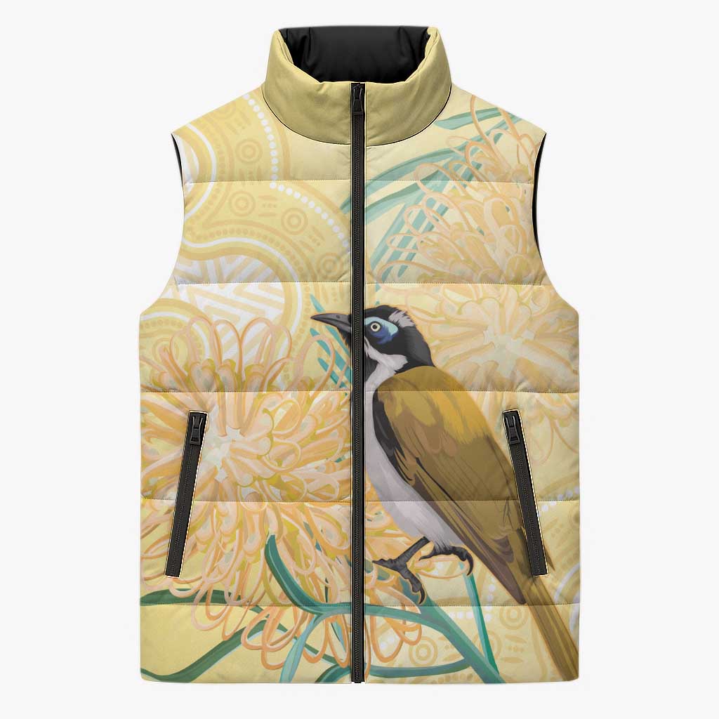 Australia Grevillea And Honeyeaters Sleeveless Puffer Jacket Aboriginal Art - Watercolor Style - Aussie Hoodie