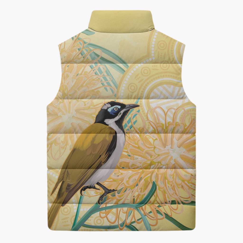 Australia Grevillea And Honeyeaters Sleeveless Puffer Jacket Aboriginal Art - Watercolor Style - Aussie Hoodie