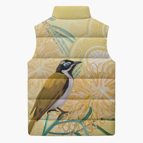 Australia Grevillea And Honeyeaters Sleeveless Puffer Jacket Aboriginal Art - Watercolor Style - Aussie Hoodie