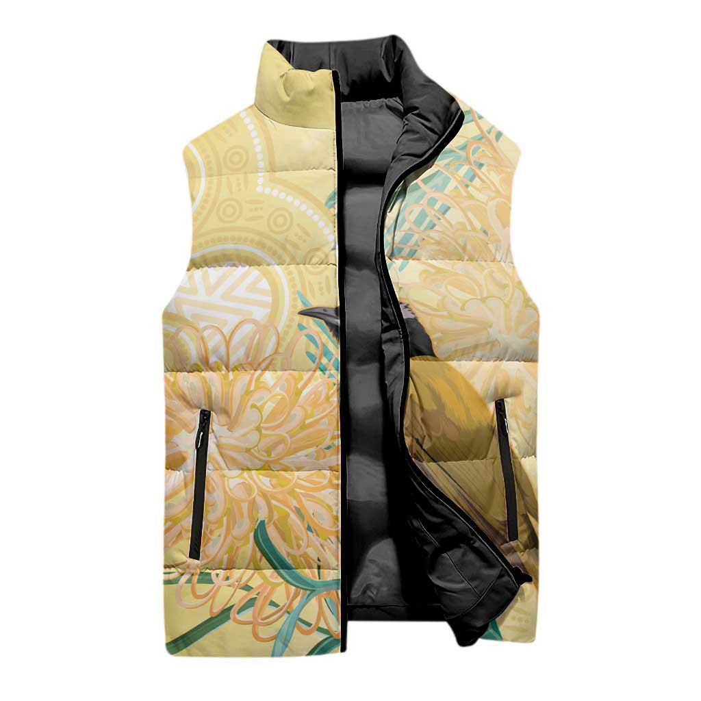 Australia Grevillea And Honeyeaters Sleeveless Puffer Jacket Aboriginal Art - Watercolor Style - Aussie Hoodie