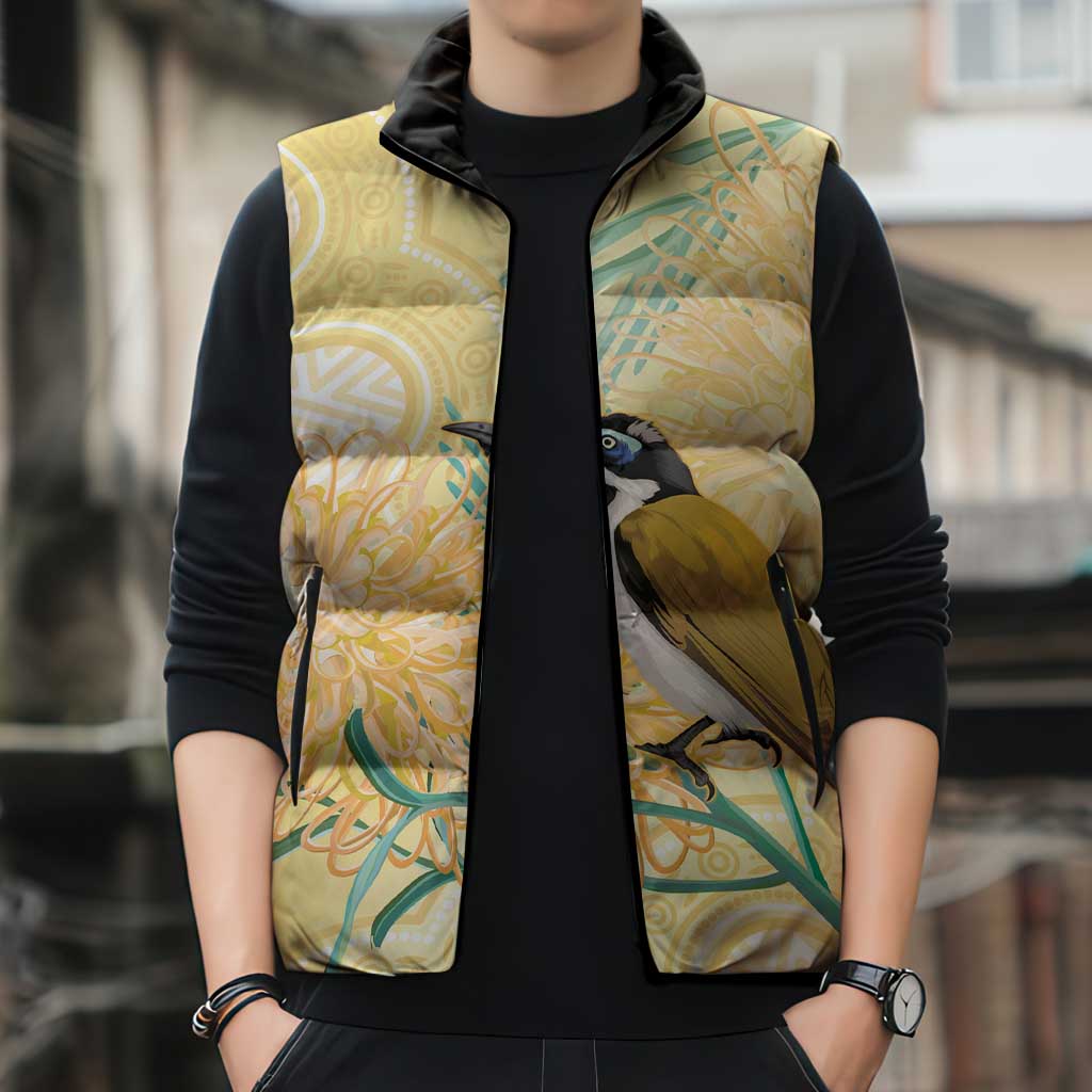 Australia Grevillea And Honeyeaters Sleeveless Puffer Jacket Aboriginal Art - Watercolor Style - Aussie Hoodie