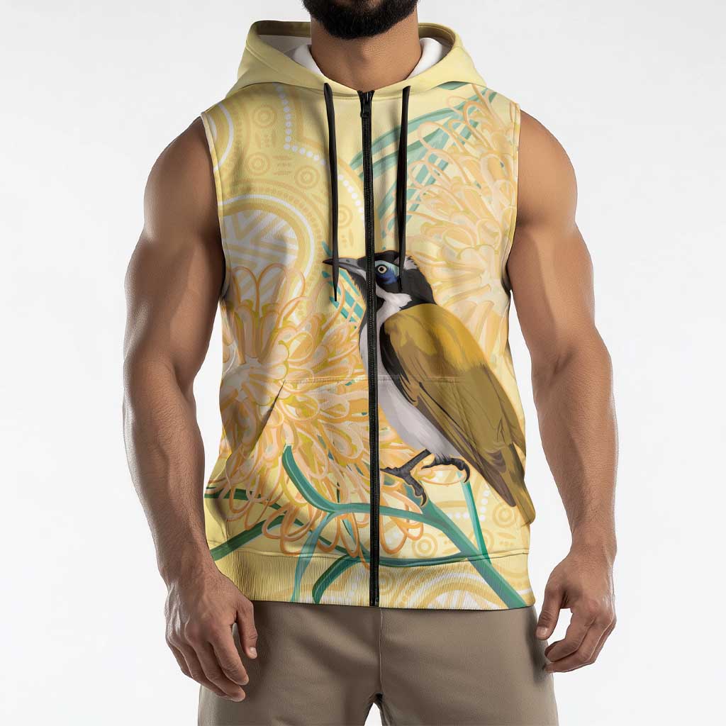 Australia Grevillea And Honeyeaters Sleeveless Zip Hoodie Aboriginal Art - Watercolor Style LT14