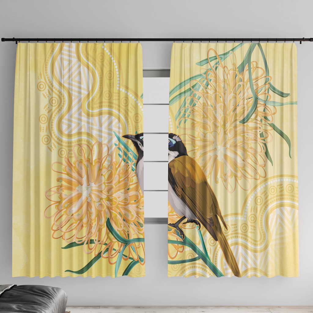 Australia Grevillea And Honeyeaters Window Curtain Aboriginal Art - Watercolor Style