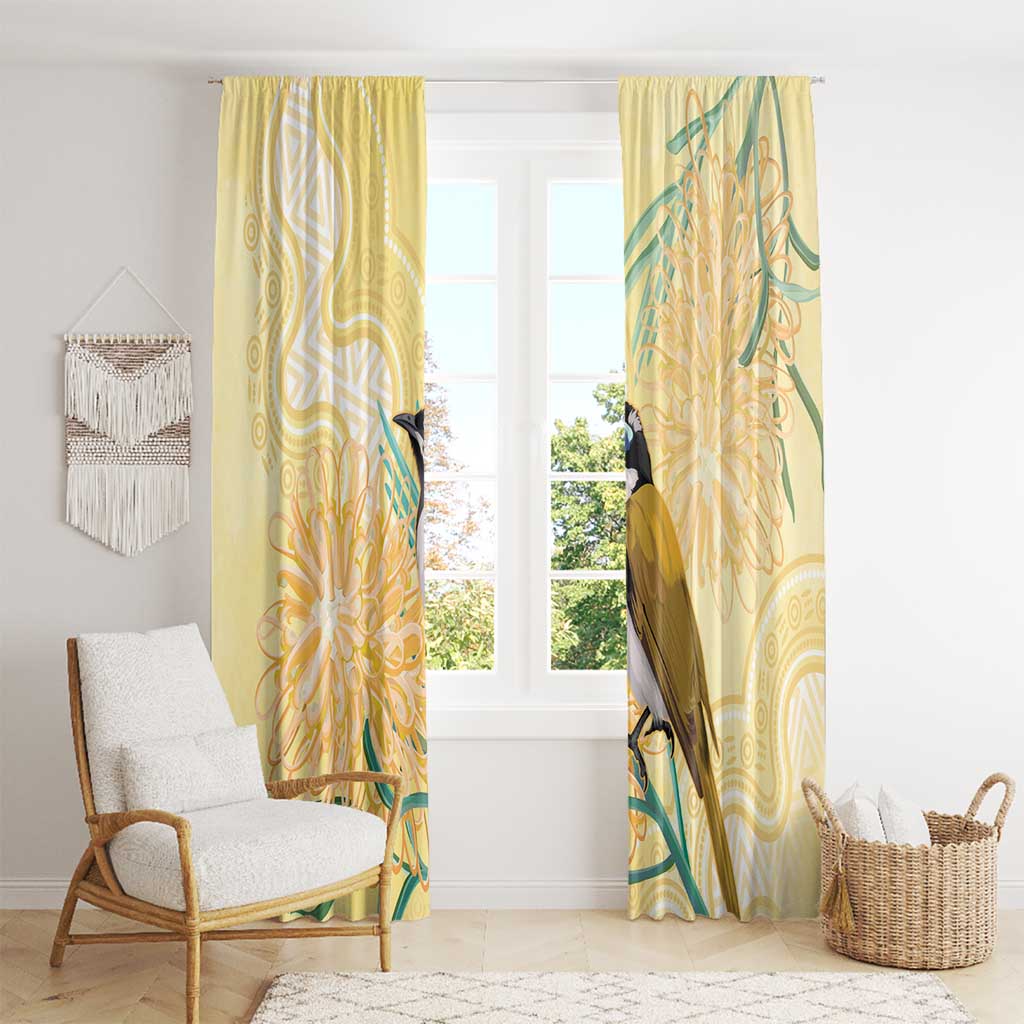 Australia Grevillea And Honeyeaters Window Curtain Aboriginal Art - Watercolor Style