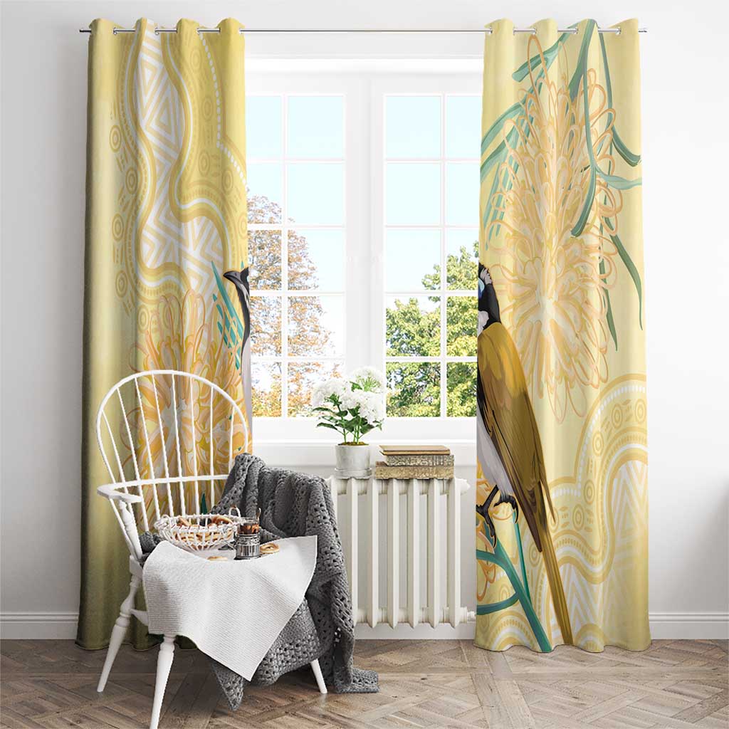 Australia Grevillea And Honeyeaters Window Curtain Aboriginal Art - Watercolor Style