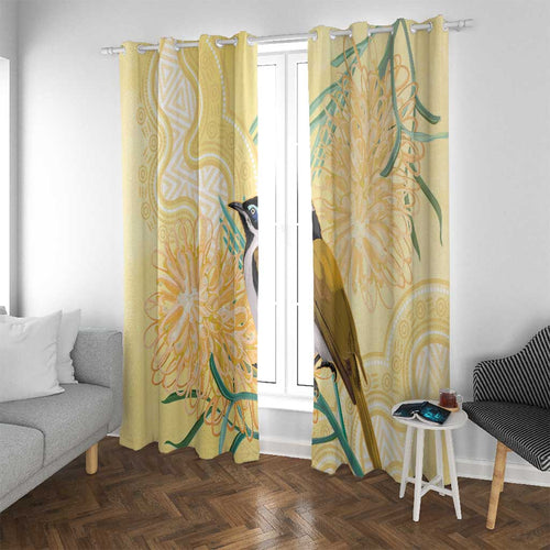 Australia Grevillea And Honeyeaters Window Curtain Aboriginal Art - Watercolor Style
