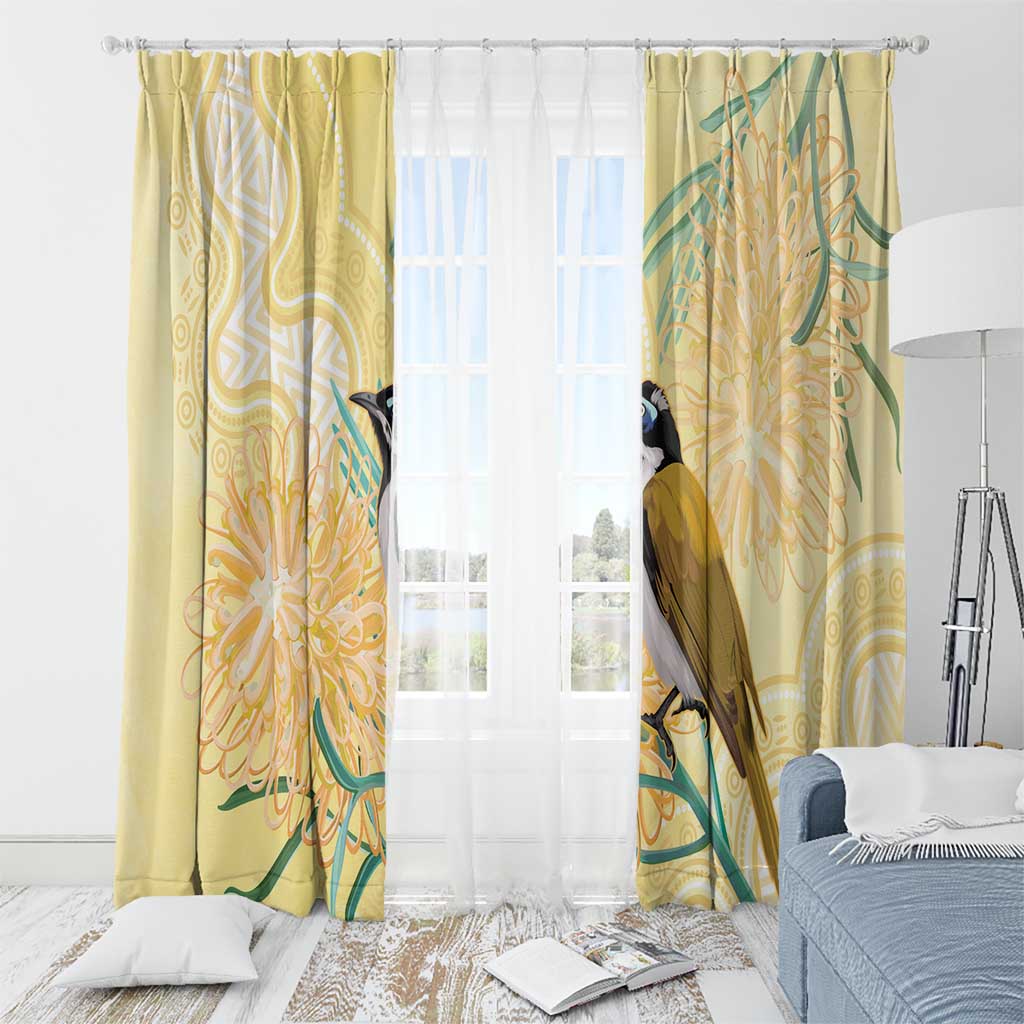 Australia Grevillea And Honeyeaters Window Curtain Aboriginal Art - Watercolor Style