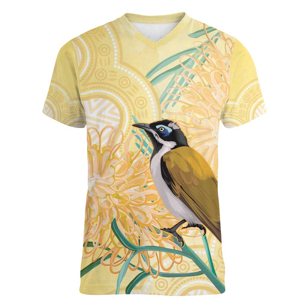 Australia Grevillea And Honeyeaters Women V-Neck T-Shirt Aboriginal Art - Watercolor Style