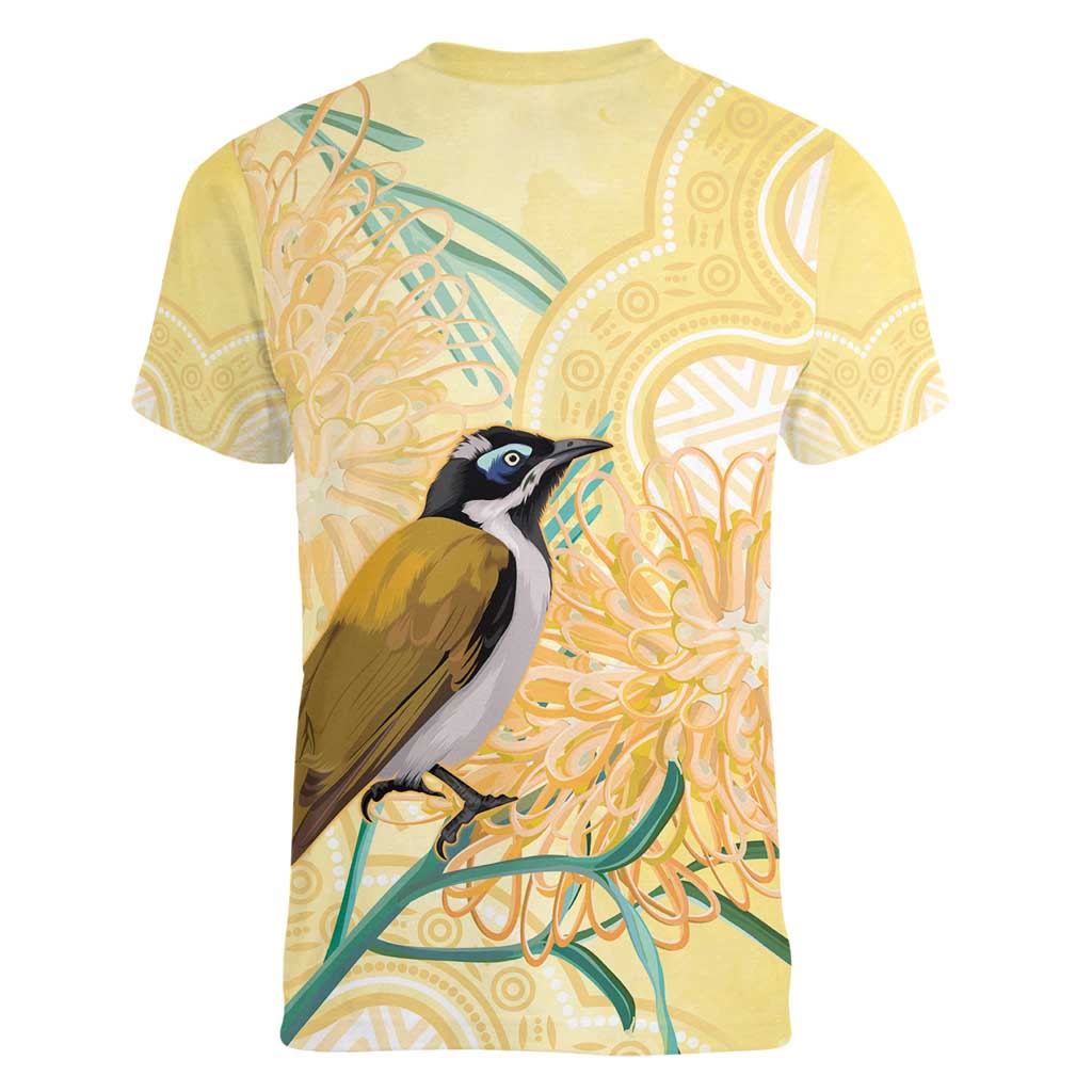 Australia Grevillea And Honeyeaters Women V-Neck T-Shirt Aboriginal Art - Watercolor Style