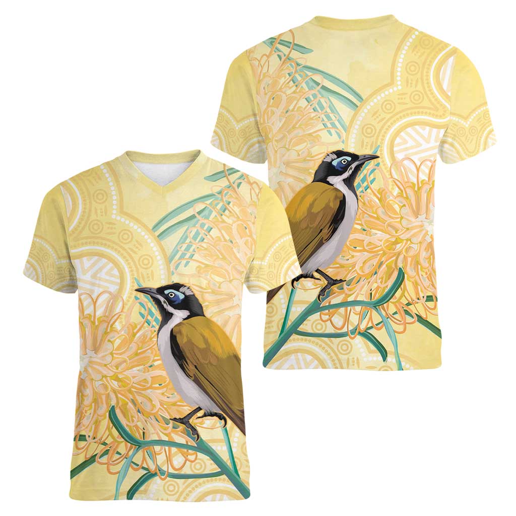 Australia Grevillea And Honeyeaters Women V-Neck T-Shirt Aboriginal Art - Watercolor Style