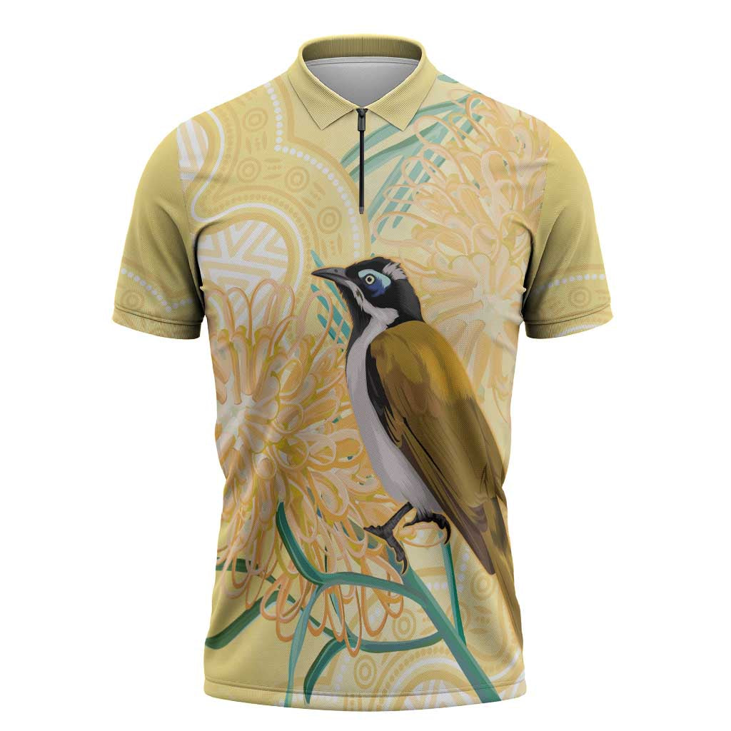 Australia Grevillea And Honeyeaters Zipper Polo Shirt Aboriginal Art - Watercolor Style - Aussie Hoodie