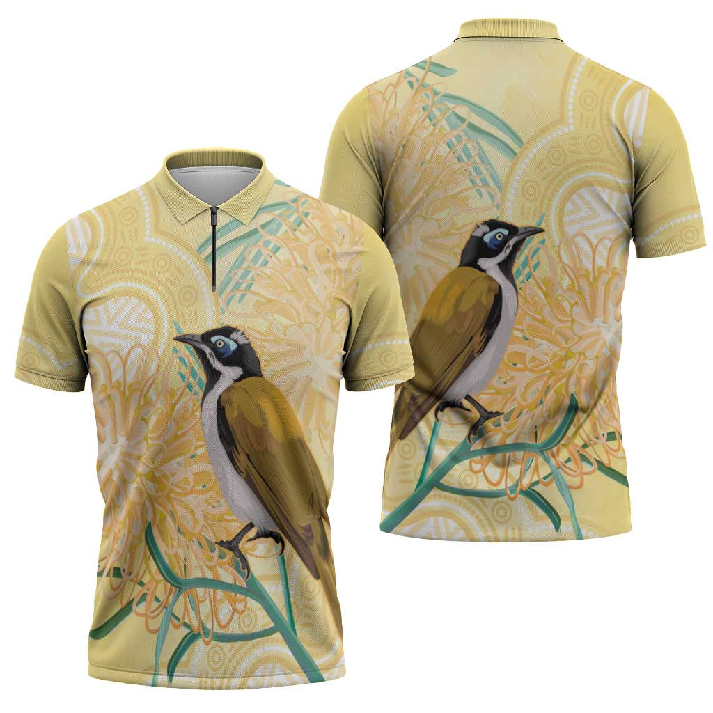 Australia Grevillea And Honeyeaters Zipper Polo Shirt Aboriginal Art - Watercolor Style - Aussie Hoodie