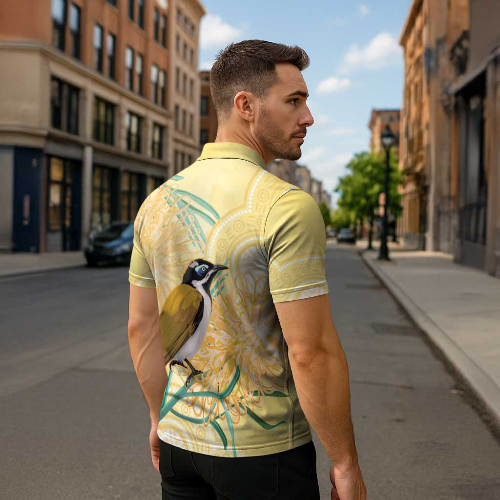 Australia Grevillea And Honeyeaters Zipper Polo Shirt Aboriginal Art - Watercolor Style - Aussie Hoodie