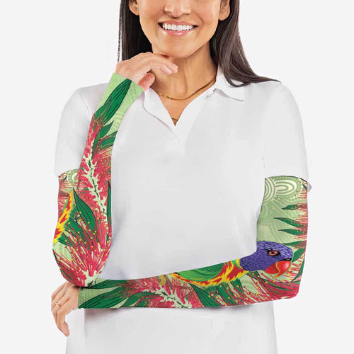 Australia Bottlebrush And Lorikeets Arm Sleeves Aboriginal Art - Watercolor Style - Aussie Hoodie