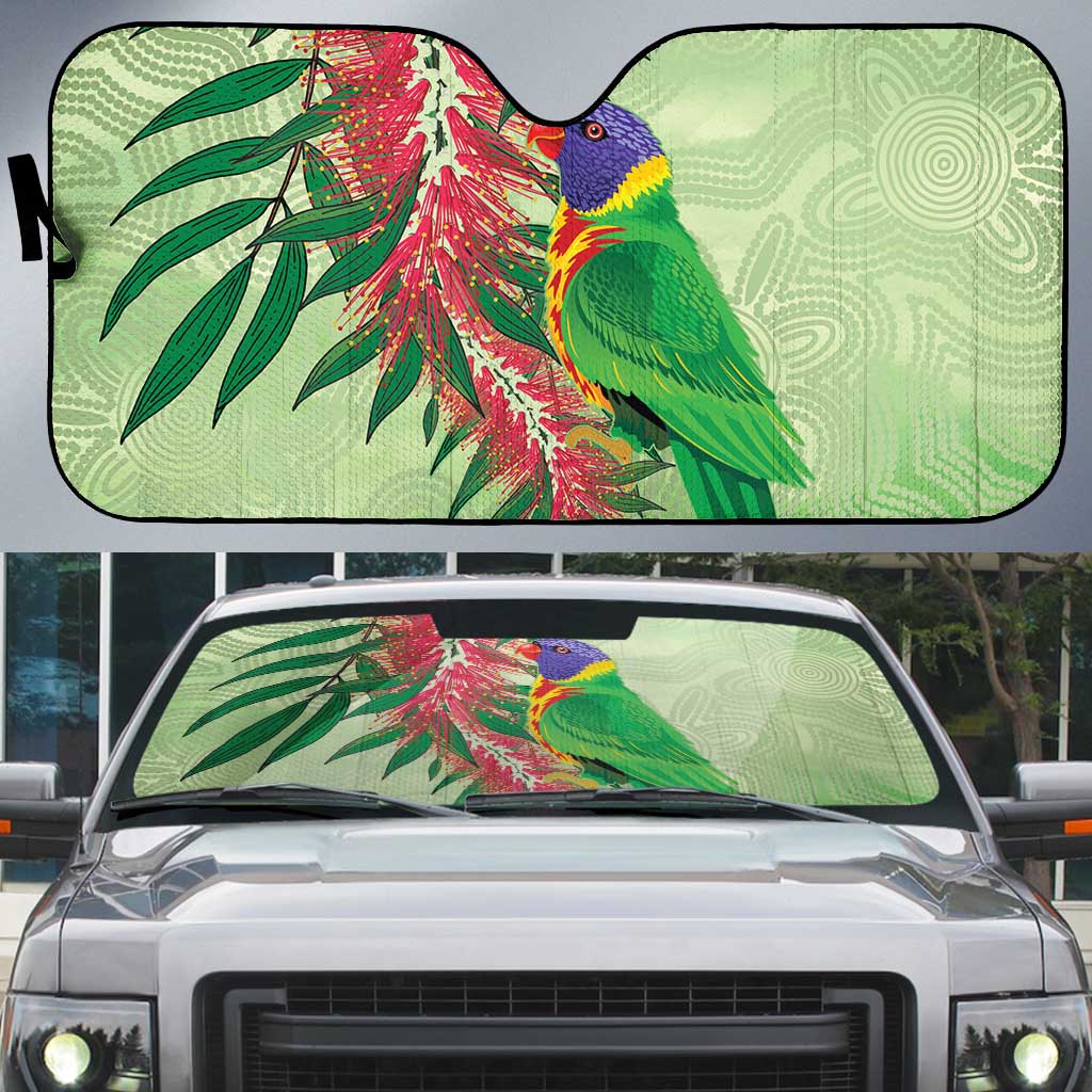 Australia Bottlebrush And Lorikeets Auto Sun Shade Aboriginal Art - Watercolor Style - Aussie Hoodie