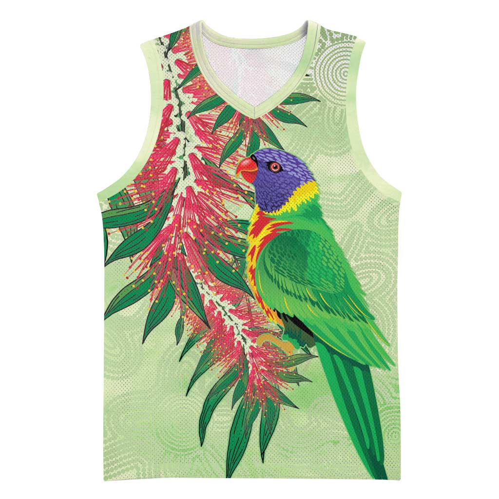 Australia Bottlebrush And Lorikeets Basketball Jersey Aboriginal Art - Watercolor Style - Aussie Hoodie