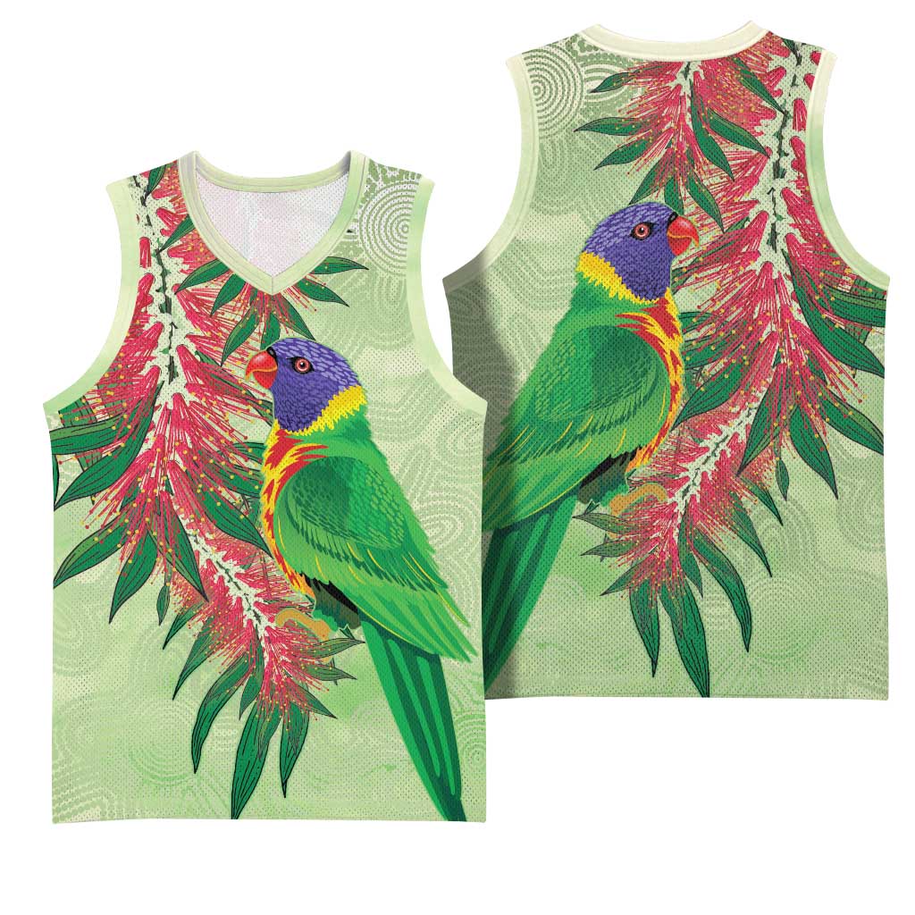Australia Bottlebrush And Lorikeets Basketball Jersey Aboriginal Art - Watercolor Style - Aussie Hoodie