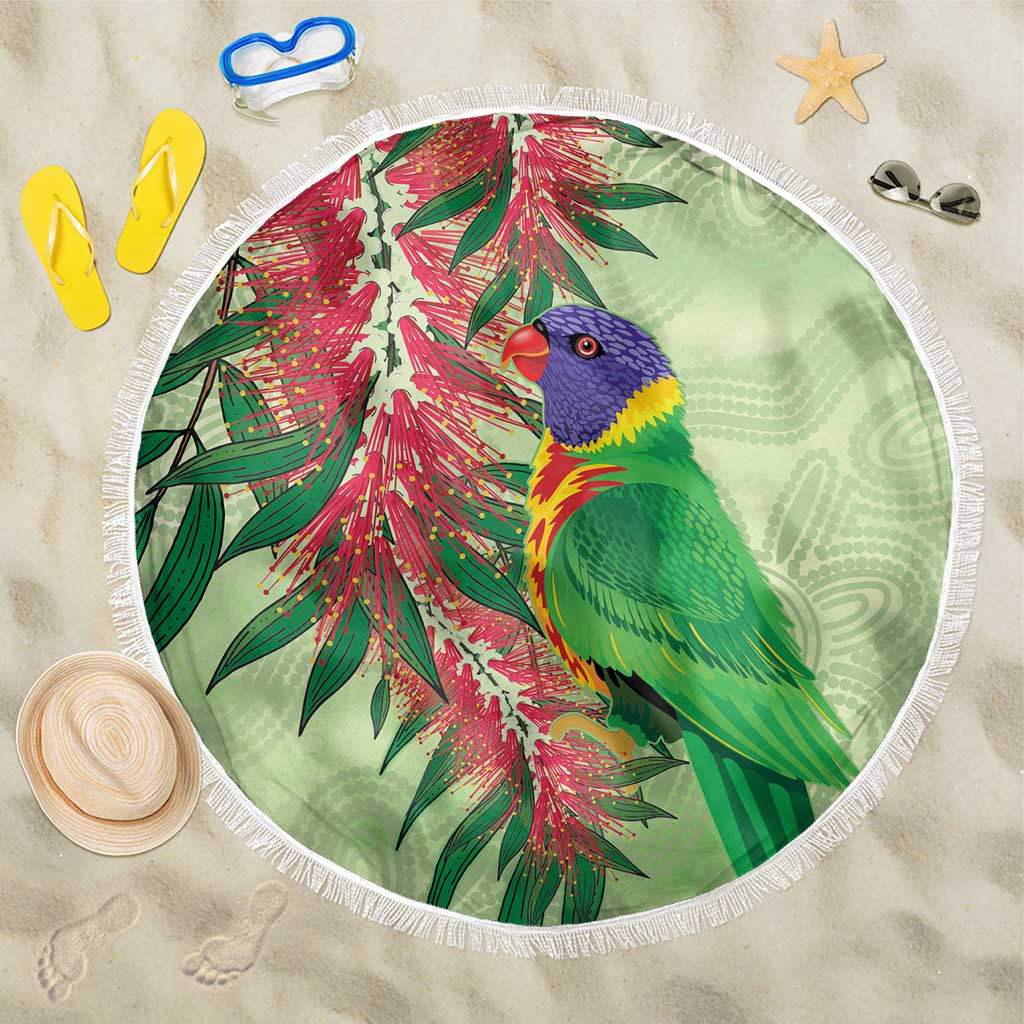 Australia Bottlebrush And Lorikeets Beach Blanket Aboriginal Art - Watercolor Style