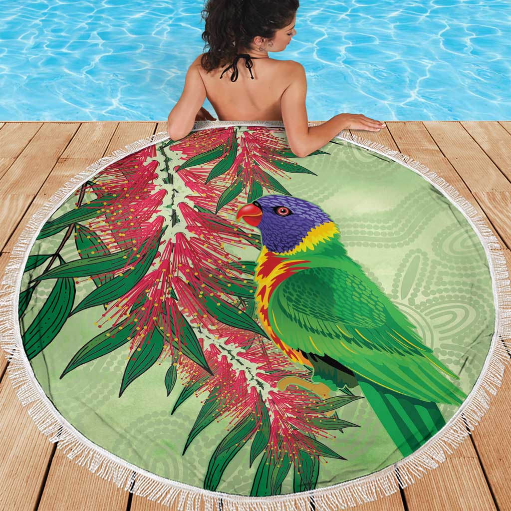 Australia Bottlebrush And Lorikeets Beach Blanket Aboriginal Art - Watercolor Style