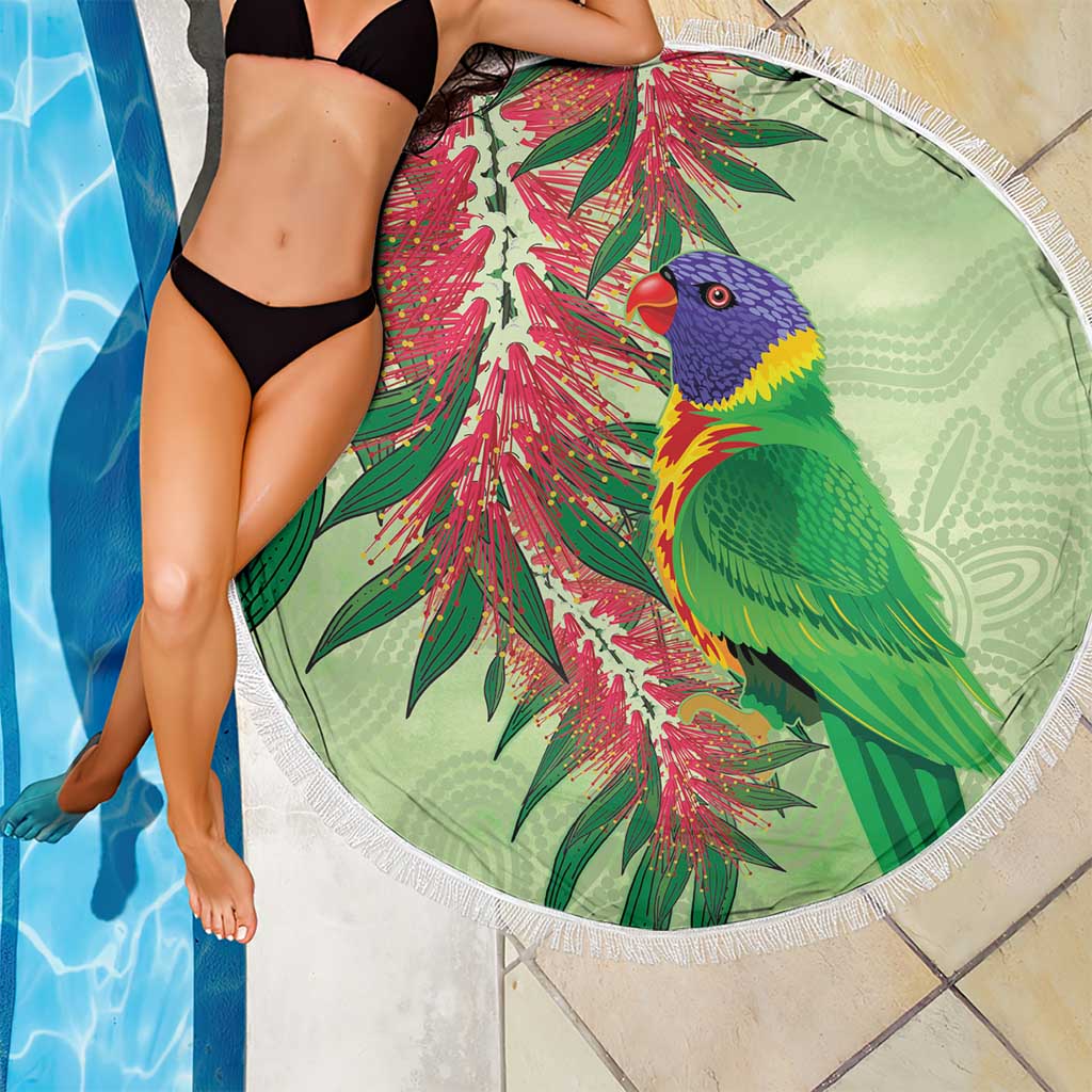 Australia Bottlebrush And Lorikeets Beach Blanket Aboriginal Art - Watercolor Style