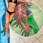 Australia Bottlebrush And Lorikeets Beach Blanket Aboriginal Art - Watercolor Style