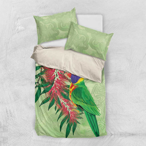 Australia Bottlebrush And Lorikeets Bedding Set Aboriginal Art - Watercolor Style