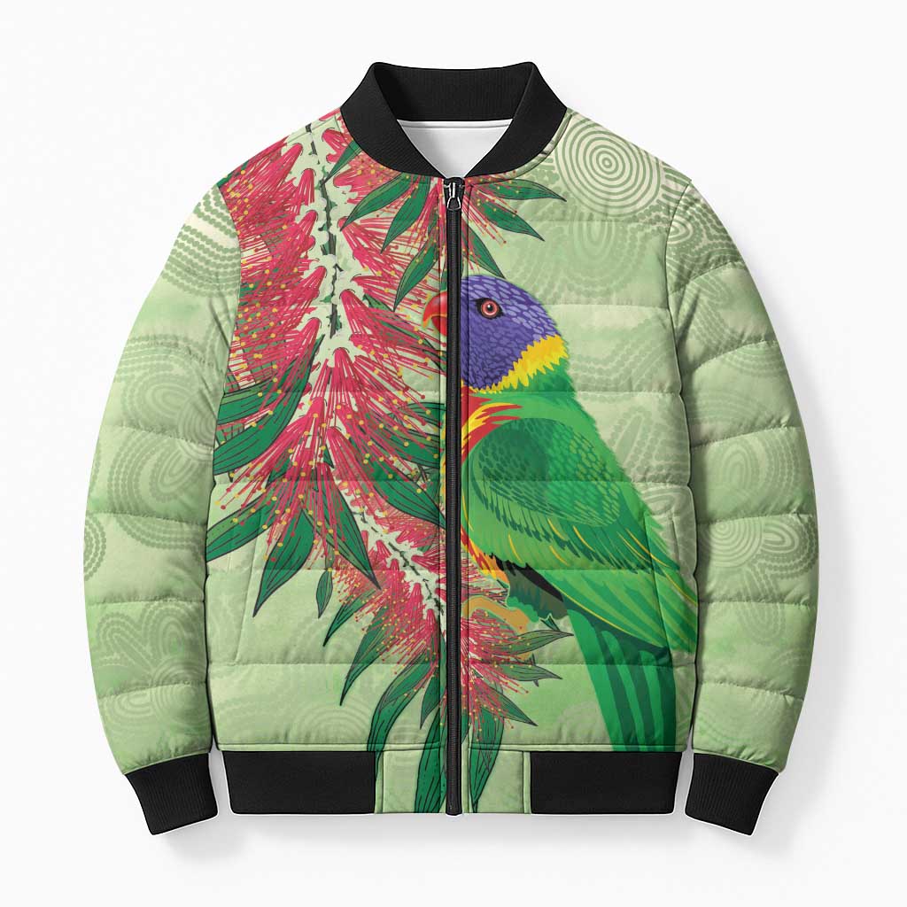 Australia Bottlebrush And Lorikeets Bomber Puffer Jacket Aboriginal Art - Watercolor Style - Aussie Hoodie