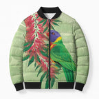 Australia Bottlebrush And Lorikeets Bomber Puffer Jacket Aboriginal Art - Watercolor Style - Aussie Hoodie