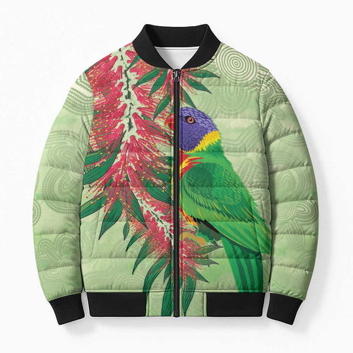 Australia Bottlebrush And Lorikeets Bomber Puffer Jacket Aboriginal Art - Watercolor Style - Aussie Hoodie