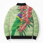 Australia Bottlebrush And Lorikeets Bomber Puffer Jacket Aboriginal Art - Watercolor Style - Aussie Hoodie