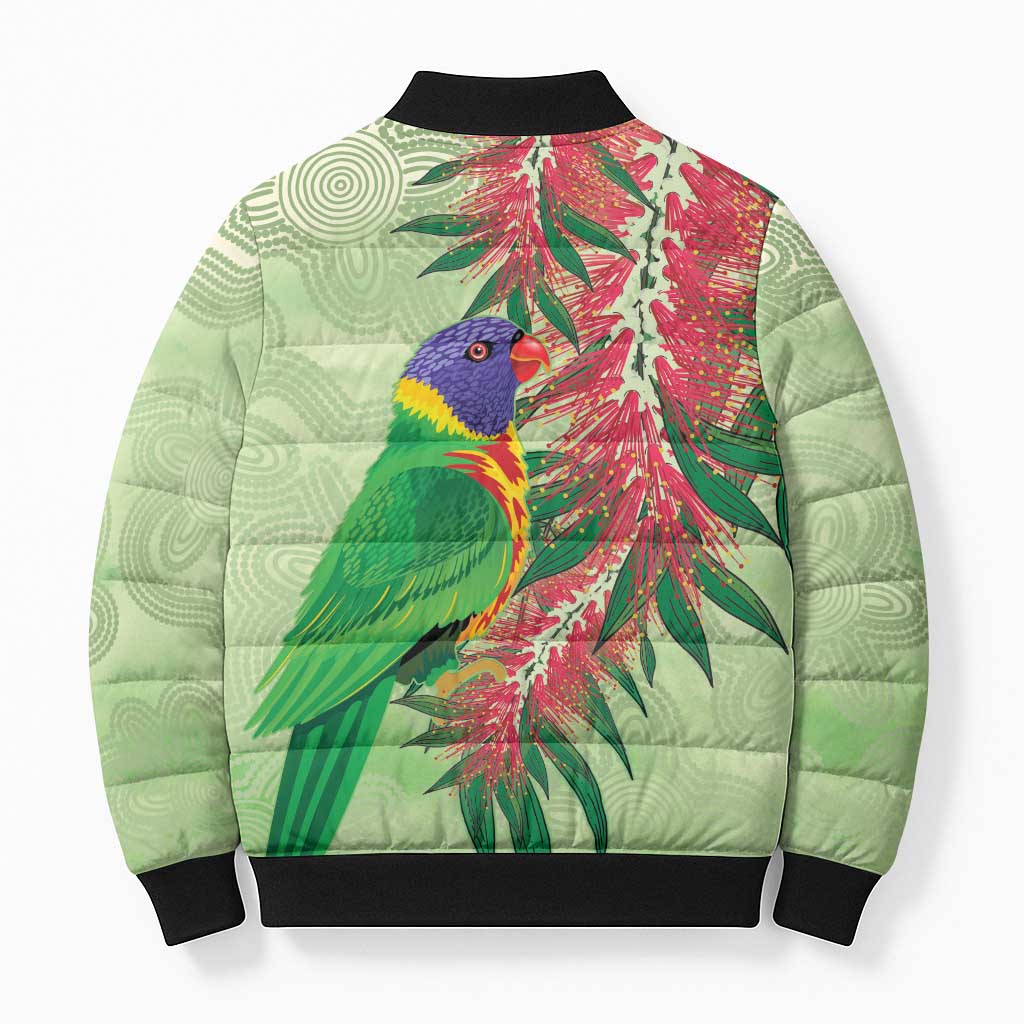 Australia Bottlebrush And Lorikeets Bomber Puffer Jacket Aboriginal Art - Watercolor Style - Aussie Hoodie