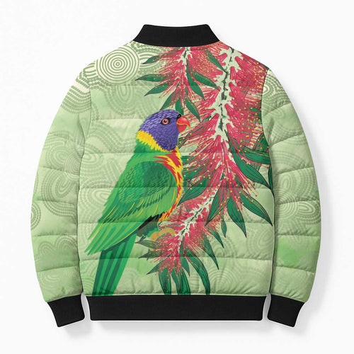Australia Bottlebrush And Lorikeets Bomber Puffer Jacket Aboriginal Art - Watercolor Style - Aussie Hoodie