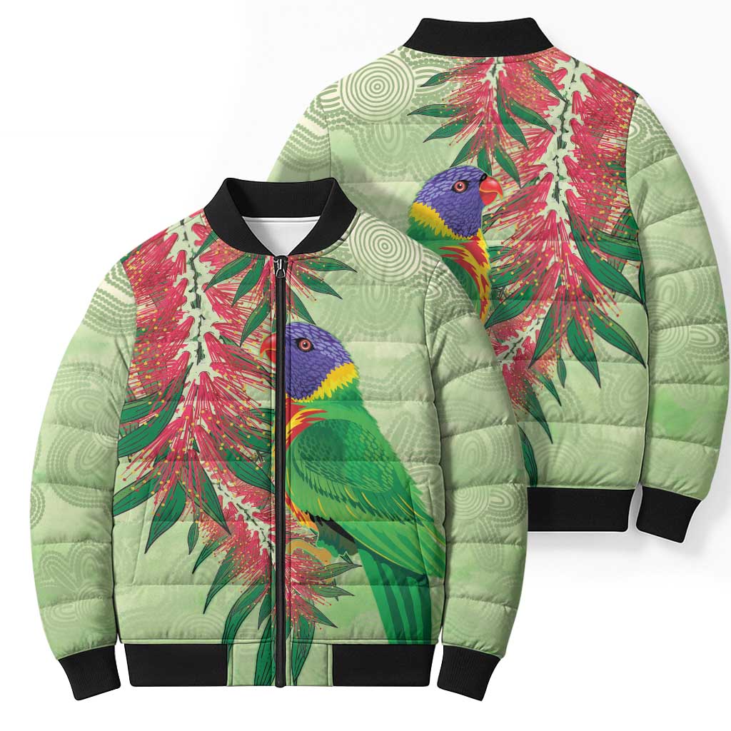 Australia Bottlebrush And Lorikeets Bomber Puffer Jacket Aboriginal Art - Watercolor Style - Aussie Hoodie