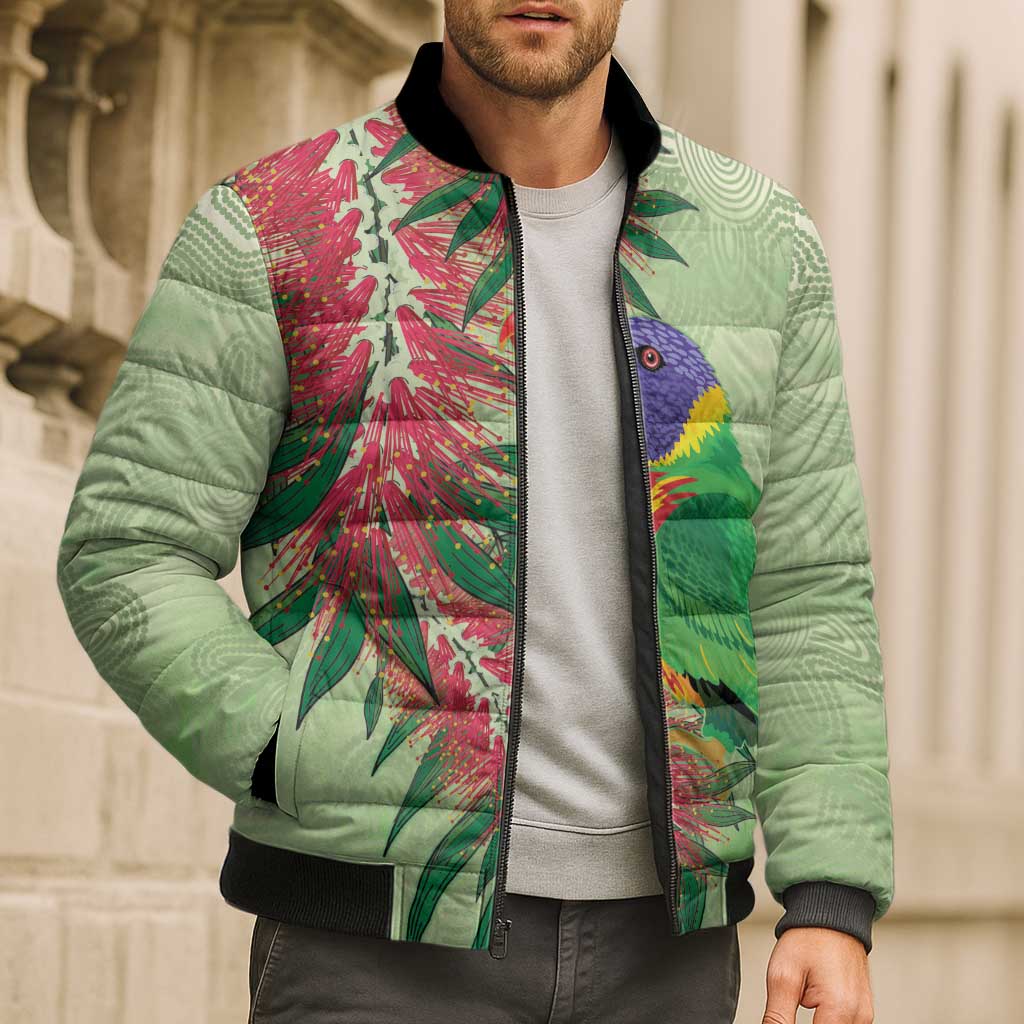 Australia Bottlebrush And Lorikeets Bomber Puffer Jacket Aboriginal Art - Watercolor Style - Aussie Hoodie