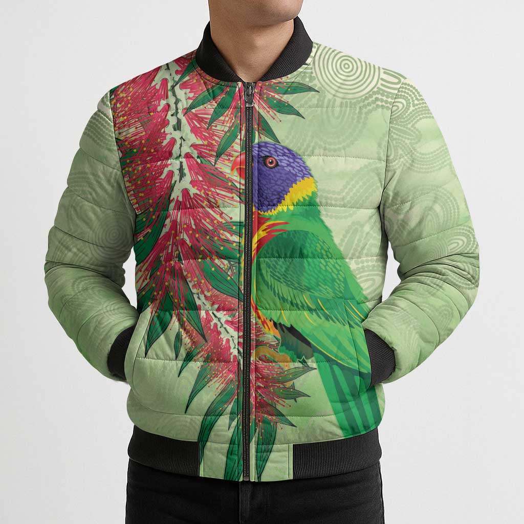 Australia Bottlebrush And Lorikeets Bomber Puffer Jacket Aboriginal Art - Watercolor Style - Aussie Hoodie