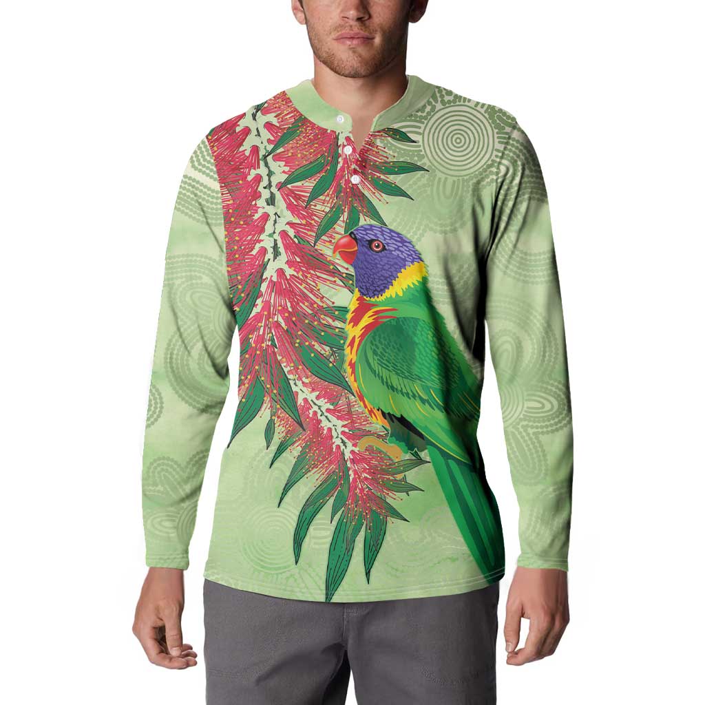 Australia Bottlebrush And Lorikeets Button Sweatshirt Aboriginal Art - Watercolor Style