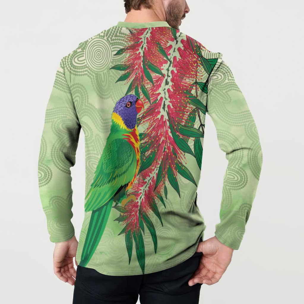 Australia Bottlebrush And Lorikeets Button Sweatshirt Aboriginal Art - Watercolor Style