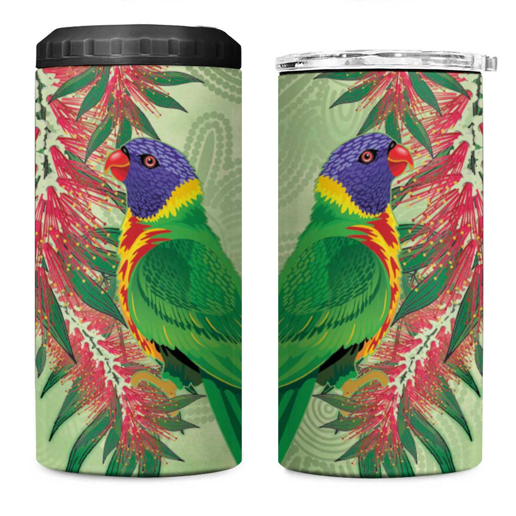 Australia Bottlebrush And Lorikeets 4 in 1 Can Cooler Tumbler Aboriginal Art - Watercolor Style