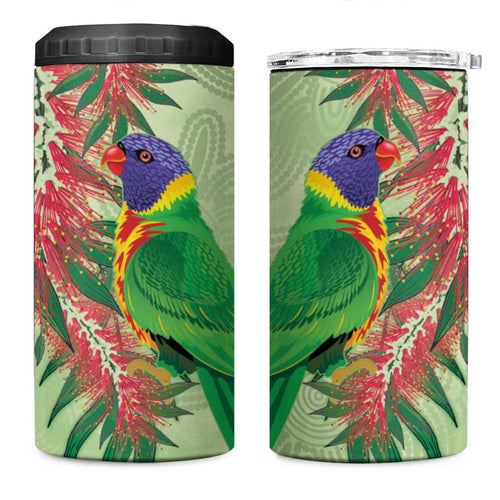Australia Bottlebrush And Lorikeets 4 in 1 Can Cooler Tumbler Aboriginal Art - Watercolor Style