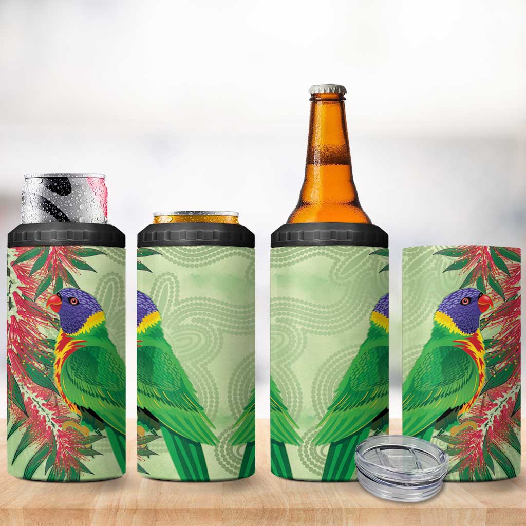 Australia Bottlebrush And Lorikeets 4 in 1 Can Cooler Tumbler Aboriginal Art - Watercolor Style