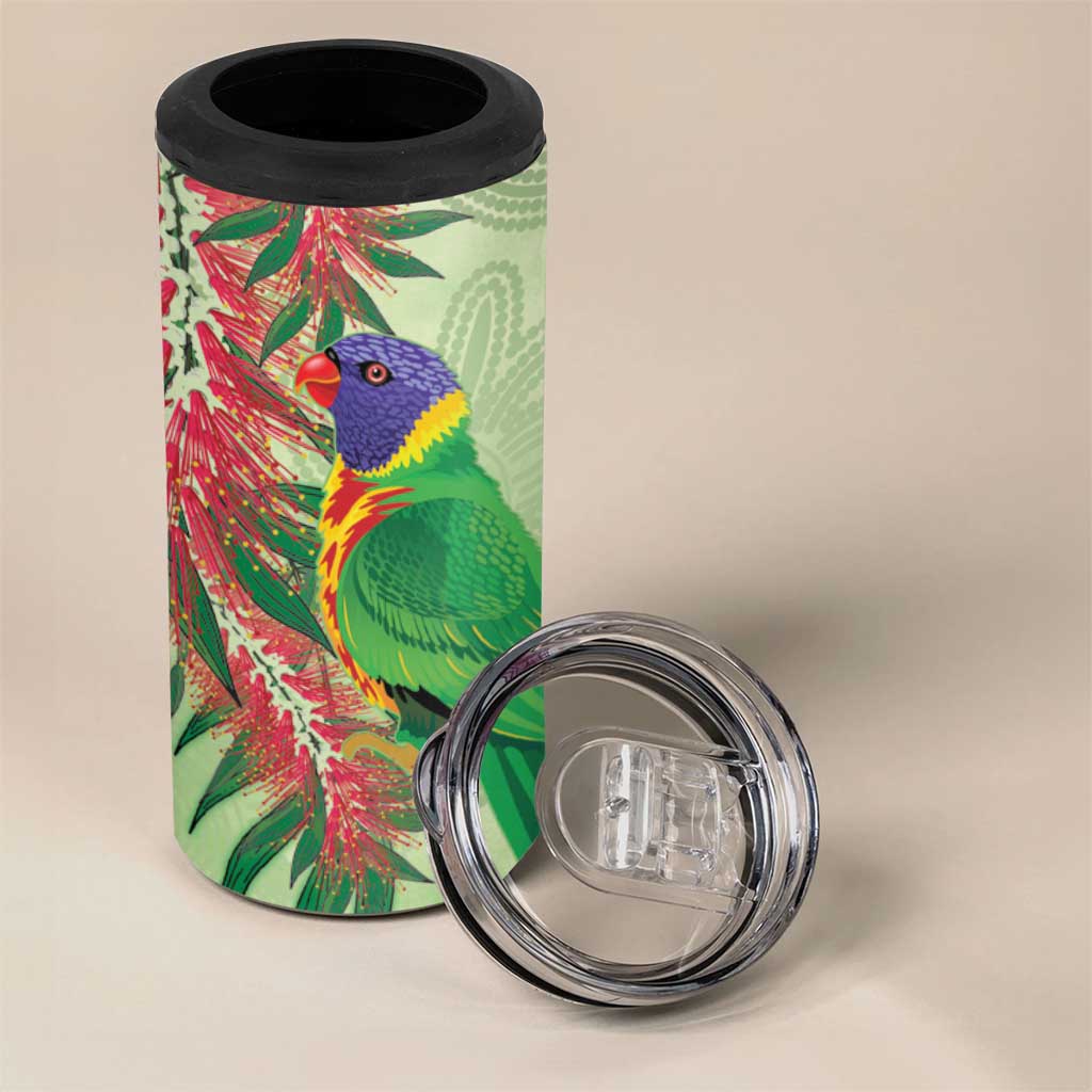 Australia Bottlebrush And Lorikeets 4 in 1 Can Cooler Tumbler Aboriginal Art - Watercolor Style